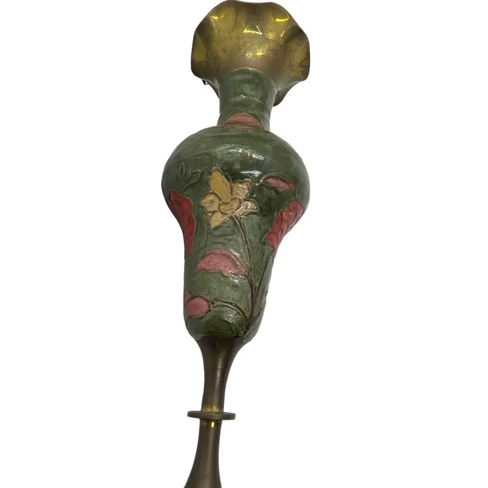 Brass Enamel Vase Footed Fluted Top Green Pink Cream Vintage MCM Retro Decor - Picture 11 of 16